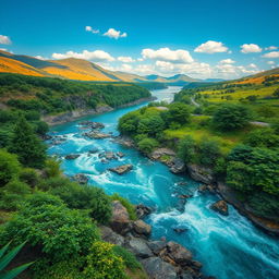 Create a vibrant and captivating image that showcases a beautiful landscape with lush greenery, flowing rivers, and a clear blue sky