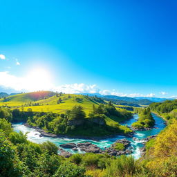 Create a vibrant and captivating image that showcases a beautiful landscape with lush greenery, flowing rivers, and a clear blue sky