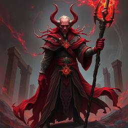 Create an image of a mighty red Tiefling wizard without a staff