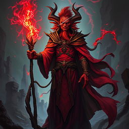 Create an image of a mighty red Tiefling wizard without a staff