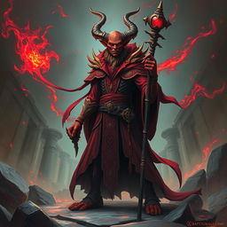 Create an image of a mighty red Tiefling wizard without a staff