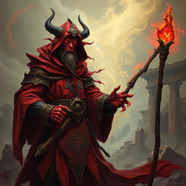 Create an image of a mighty red Tiefling wizard without a staff