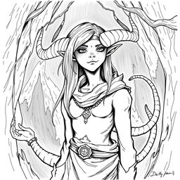 Create a Tiefling character from Dungeons and Dragons who is 25 years old, drawn in a hand-drawn black and white art style