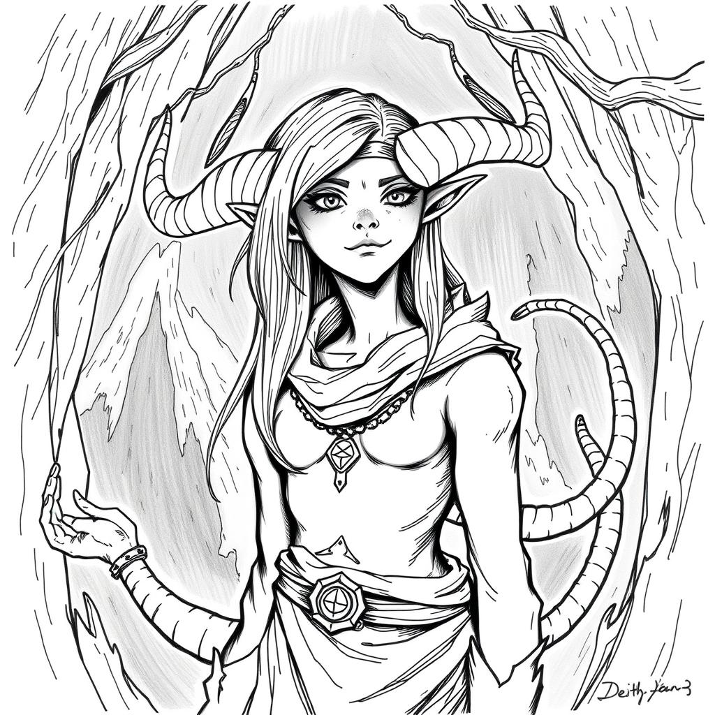 Create a Tiefling character from Dungeons and Dragons who is 25 years old, drawn in a hand-drawn black and white art style
