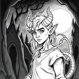 Create a Tiefling character from Dungeons and Dragons who is 25 years old, drawn in a hand-drawn black and white art style