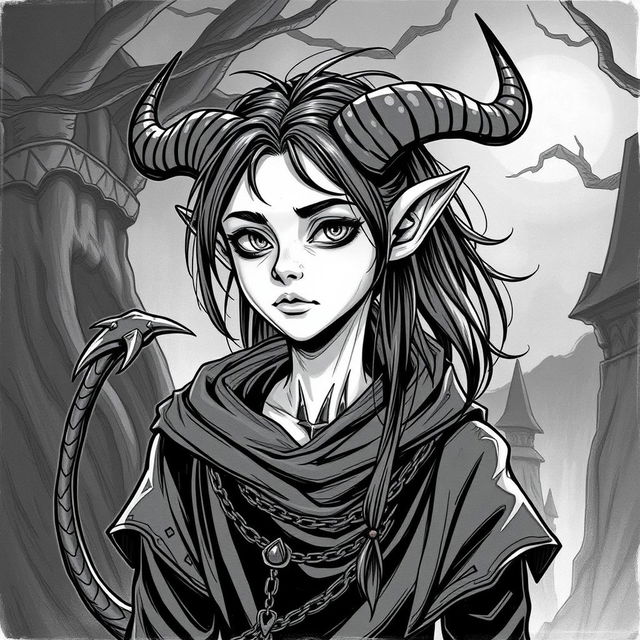 Create a Tiefling character from Dungeons and Dragons who is 25 years old, drawn in a hand-drawn black and white art style