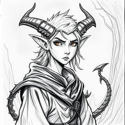 Create a Tiefling character from Dungeons and Dragons who is 25 years old, drawn in a hand-drawn black and white art style