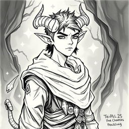 Create a hand-drawn black and white illustration of a male Tiefling character from Dungeons and Dragons who is 25 years old