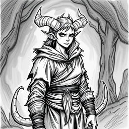 Create a hand-drawn black and white illustration of a male Tiefling character from Dungeons and Dragons who is 25 years old