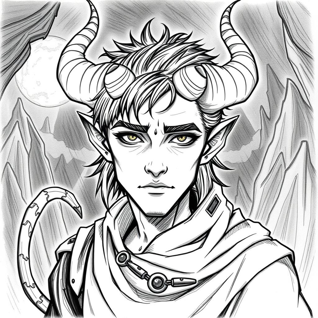 Create a hand-drawn black and white illustration of a male Tiefling character from Dungeons and Dragons who is 25 years old