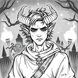 Create a hand-drawn black and white illustration of a male Tiefling character from Dungeons and Dragons who is 25 years old