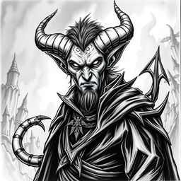 Create a hand-drawn black and white illustration of a male Tiefling character from Dungeons and Dragons who is 25 years old and terrifying