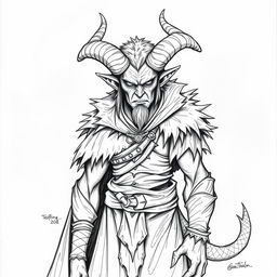 Create a hand-drawn black and white illustration of a male Tiefling character from Dungeons and Dragons who is 25 years old and terrifying