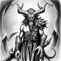 Create a hand-drawn black and white illustration of a male Tiefling character from Dungeons and Dragons who is 25 years old and terrifying