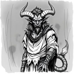 Create a hand-drawn black and white illustration of a male Tiefling character from Dungeons and Dragons who is 25 years old and terrifying