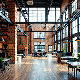 A modern industrial office space featuring exposed brick walls, large windows, and open workspaces