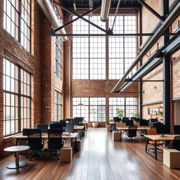 A modern industrial office space featuring exposed brick walls, large windows, and open workspaces