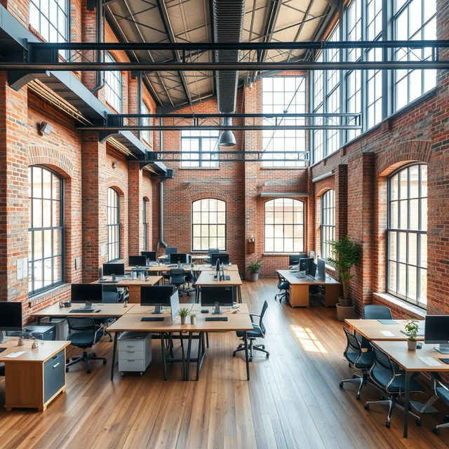 A modern industrial office space featuring exposed brick walls, large windows, and open workspaces