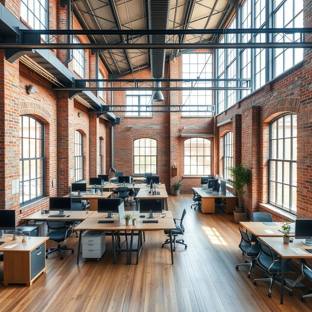 A modern industrial office space featuring exposed brick walls, large windows, and open workspaces