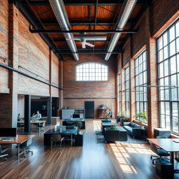 A modern industrial office space featuring exposed brick walls, large windows, and open workspaces