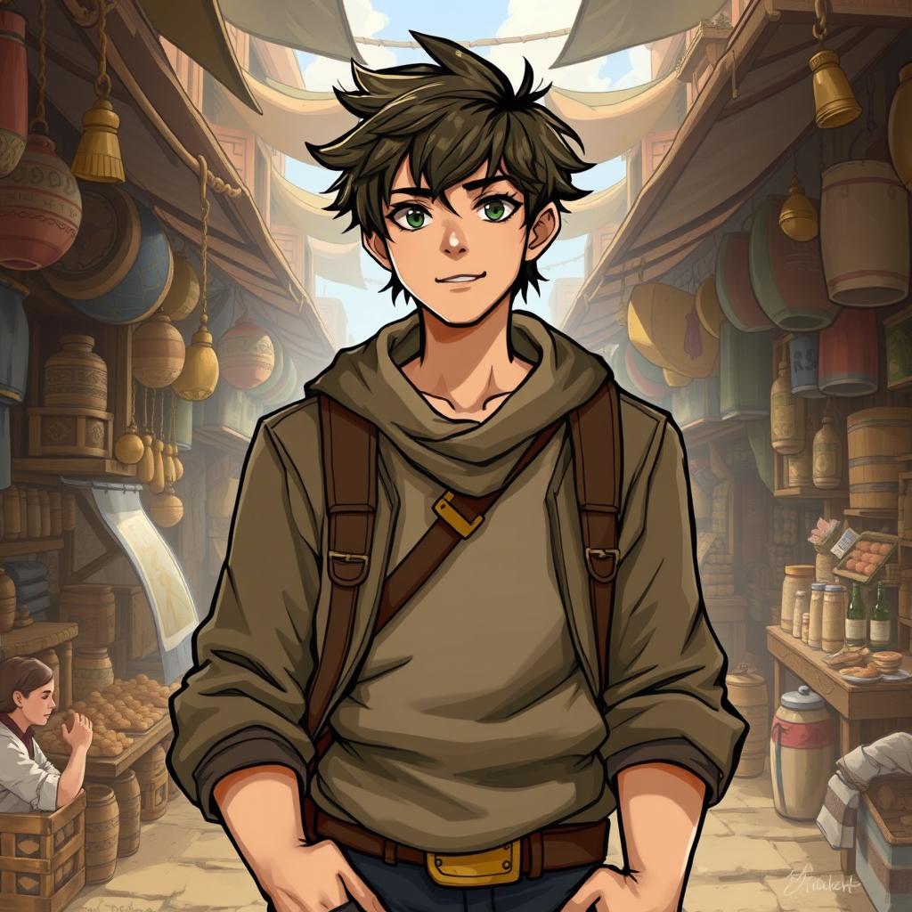 A detailed illustration of a young human who is the leader of a merchant guild