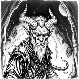 Create a hand-drawn black and white illustration of a male Tiefling character from Dungeons and Dragons who is 25 years old and terrifying, without a beard