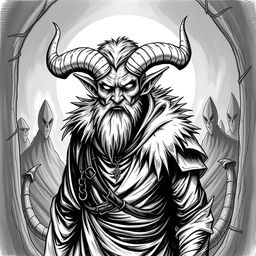 Create a hand-drawn black and white illustration of a male Tiefling character from Dungeons and Dragons who is 25 years old and terrifying, without a beard