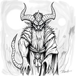 Create a hand-drawn black and white illustration of a male Tiefling character from Dungeons and Dragons who is 25 years old and terrifying, without a beard