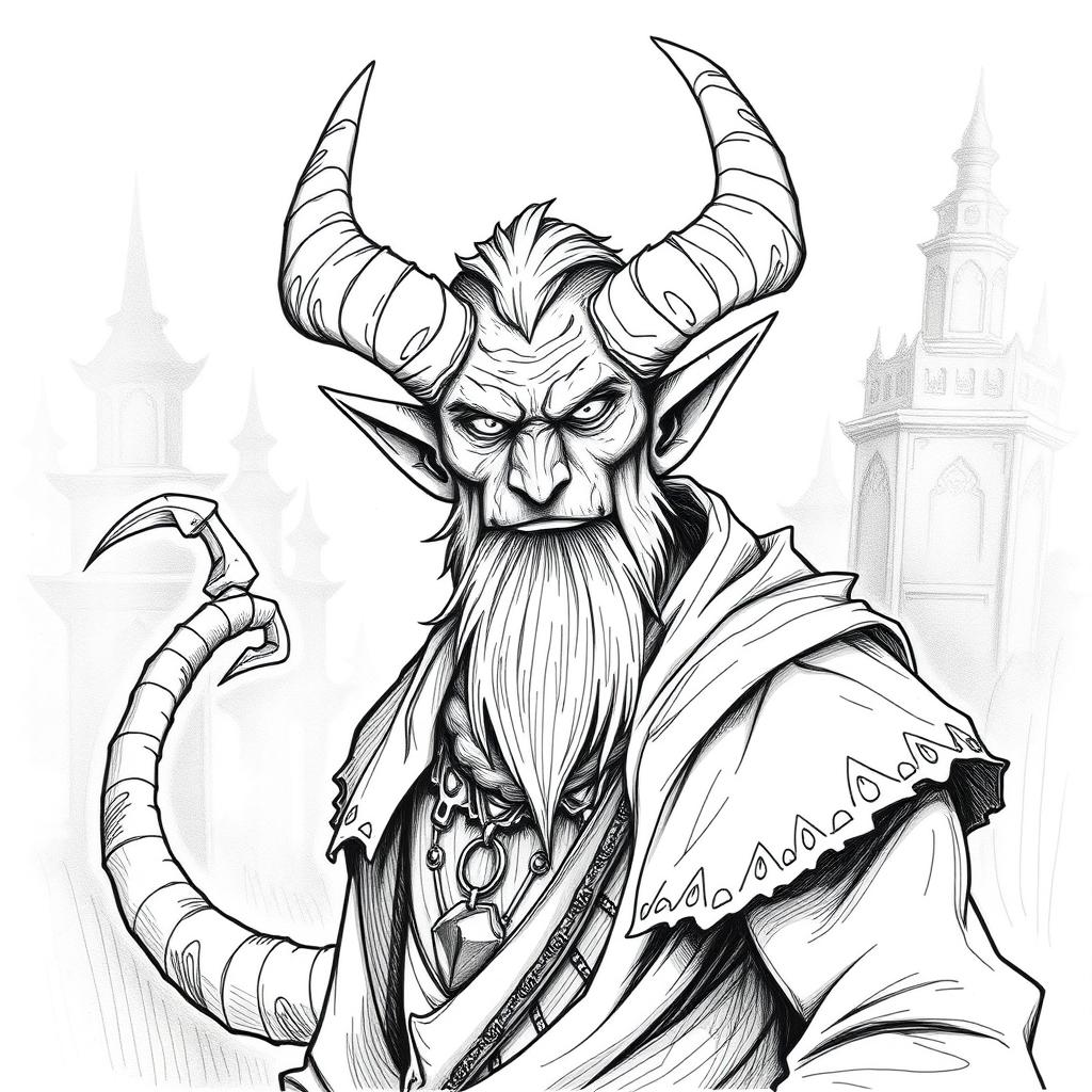 Create a hand-drawn black and white illustration of a male Tiefling character from Dungeons and Dragons who is 25 years old and terrifying, without a beard