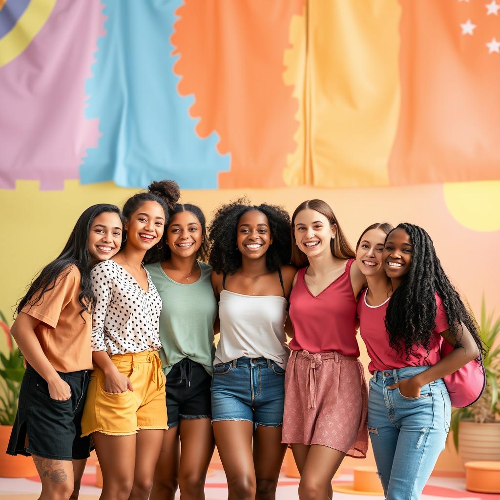 A group of diverse girls standing together, smiling and enjoying their time