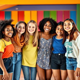 A group of diverse girls standing together, smiling and enjoying their time