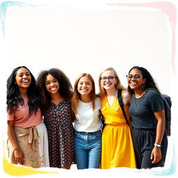 A group of diverse girls standing together, smiling and enjoying their time