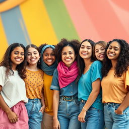 A group of diverse girls standing together, smiling and enjoying their time