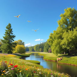 A serene landscape featuring a clear blue sky, lush green trees, and a calm river flowing through a meadow filled with colorful flowers