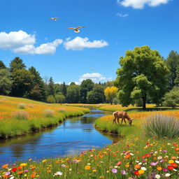 A serene landscape featuring a clear blue sky, lush green trees, and a calm river flowing through a meadow filled with colorful flowers