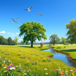 A serene landscape featuring a clear blue sky, lush green trees, and a calm river flowing through a meadow filled with colorful flowers