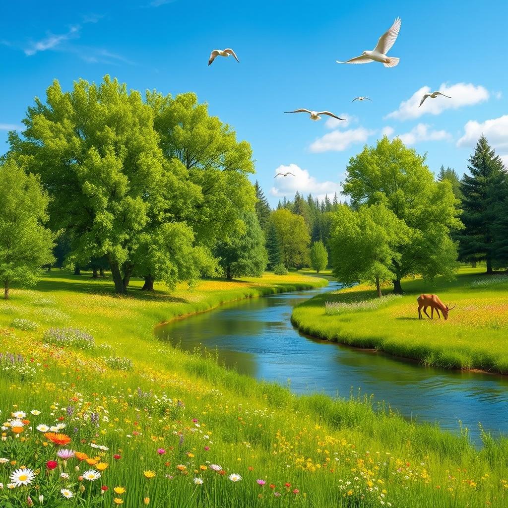 A serene landscape featuring a clear blue sky, lush green trees, and a calm river flowing through a meadow filled with colorful flowers