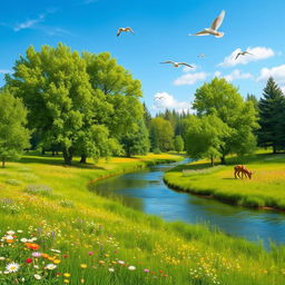 A serene landscape featuring a clear blue sky, lush green trees, and a calm river flowing through a meadow filled with colorful flowers