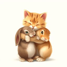 A cute cat hugging a rabbit in a warm and affectionate embrace