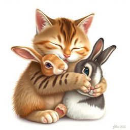 A cute cat hugging a rabbit in a warm and affectionate embrace