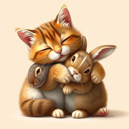 A cute cat hugging a rabbit in a warm and affectionate embrace