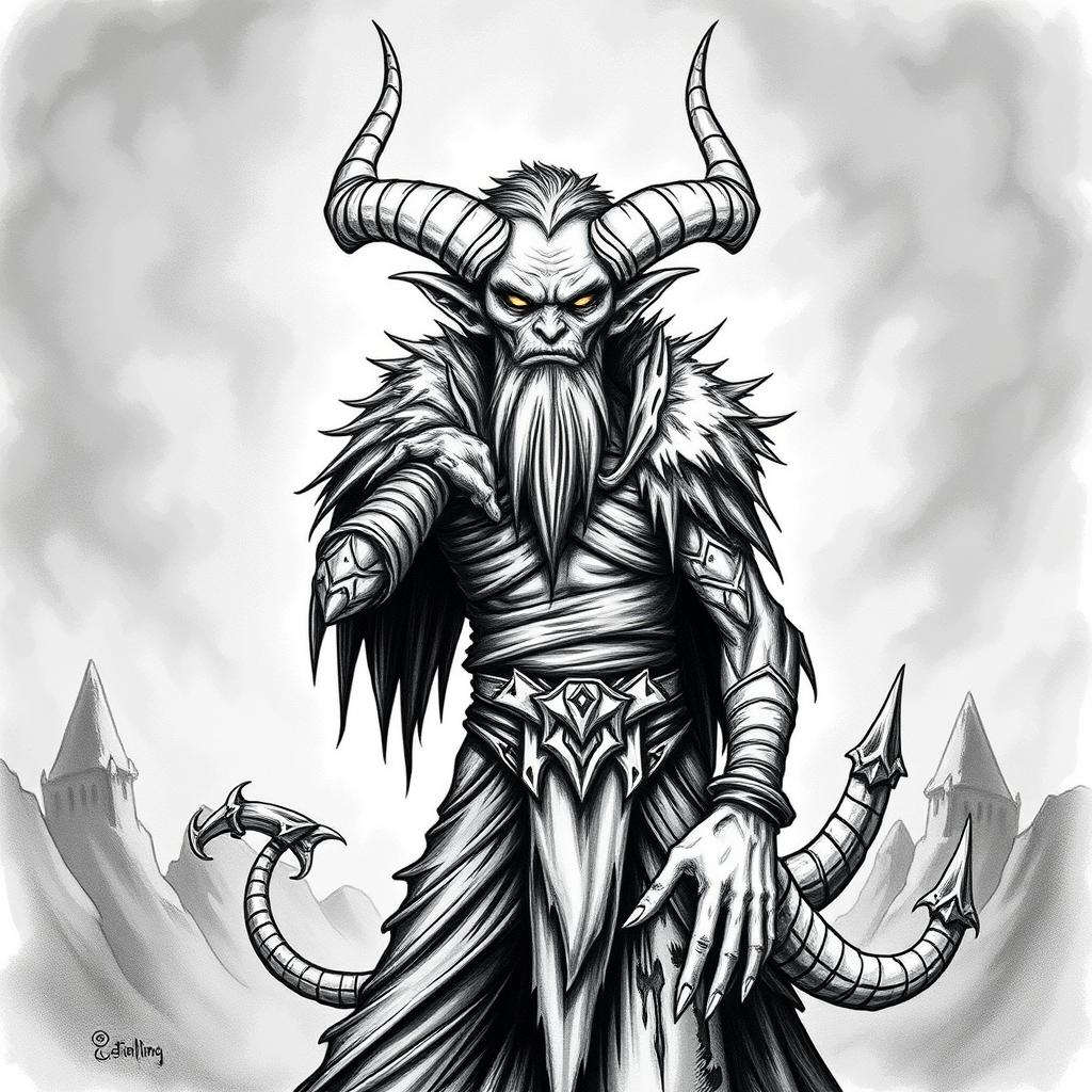 Create a hand-drawn black and white illustration of a male Tiefling character from Dungeons and Dragons who is 25 years old and terrifying, without a beard