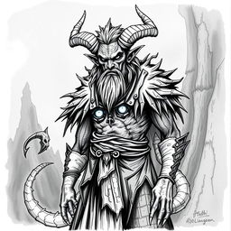 Create a hand-drawn black and white illustration of a male Tiefling character from Dungeons and Dragons who is 25 years old and terrifying, without a beard