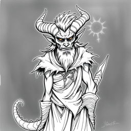 Create a hand-drawn black and white illustration of a male Tiefling character from Dungeons and Dragons who is 25 years old and terrifying, without a beard