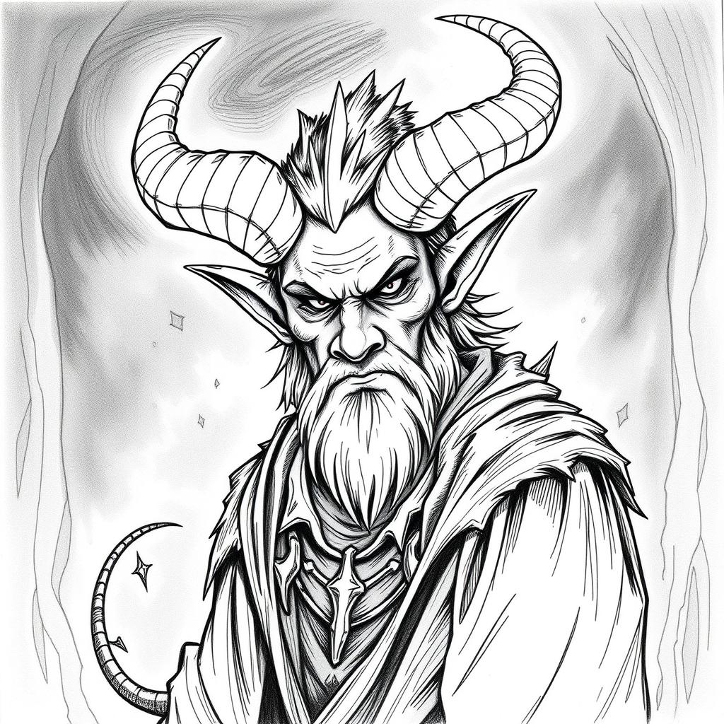 Create a hand-drawn black and white illustration of a male Tiefling character from Dungeons and Dragons who is 25 years old and terrifying, without a beard