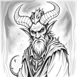 Create a hand-drawn black and white illustration of a male Tiefling character from Dungeons and Dragons who is 25 years old and terrifying, without a beard