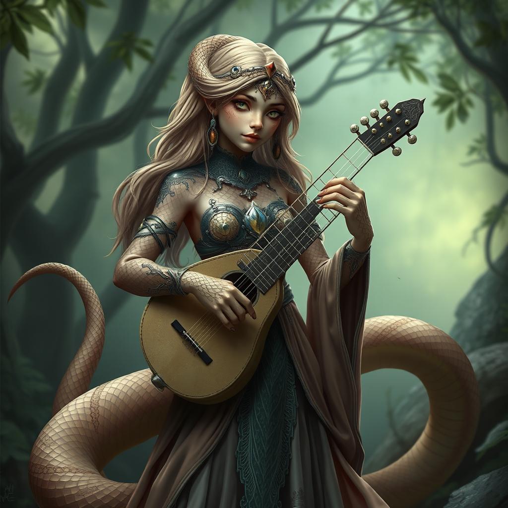 A snake-like female with a lute, possessing light brown skin and green eyes