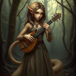 A snake-like female with a lute, possessing light brown skin and green eyes