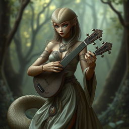 A snake-like female with a lute, possessing light brown skin and green eyes