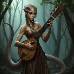 A snake-like female with a lute, possessing light brown skin and green eyes